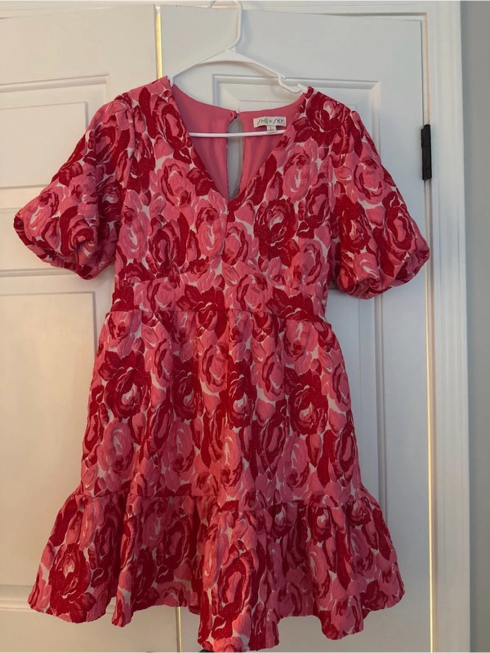 She and Sky Pink and Red Floral V-Neck Tiered Dress